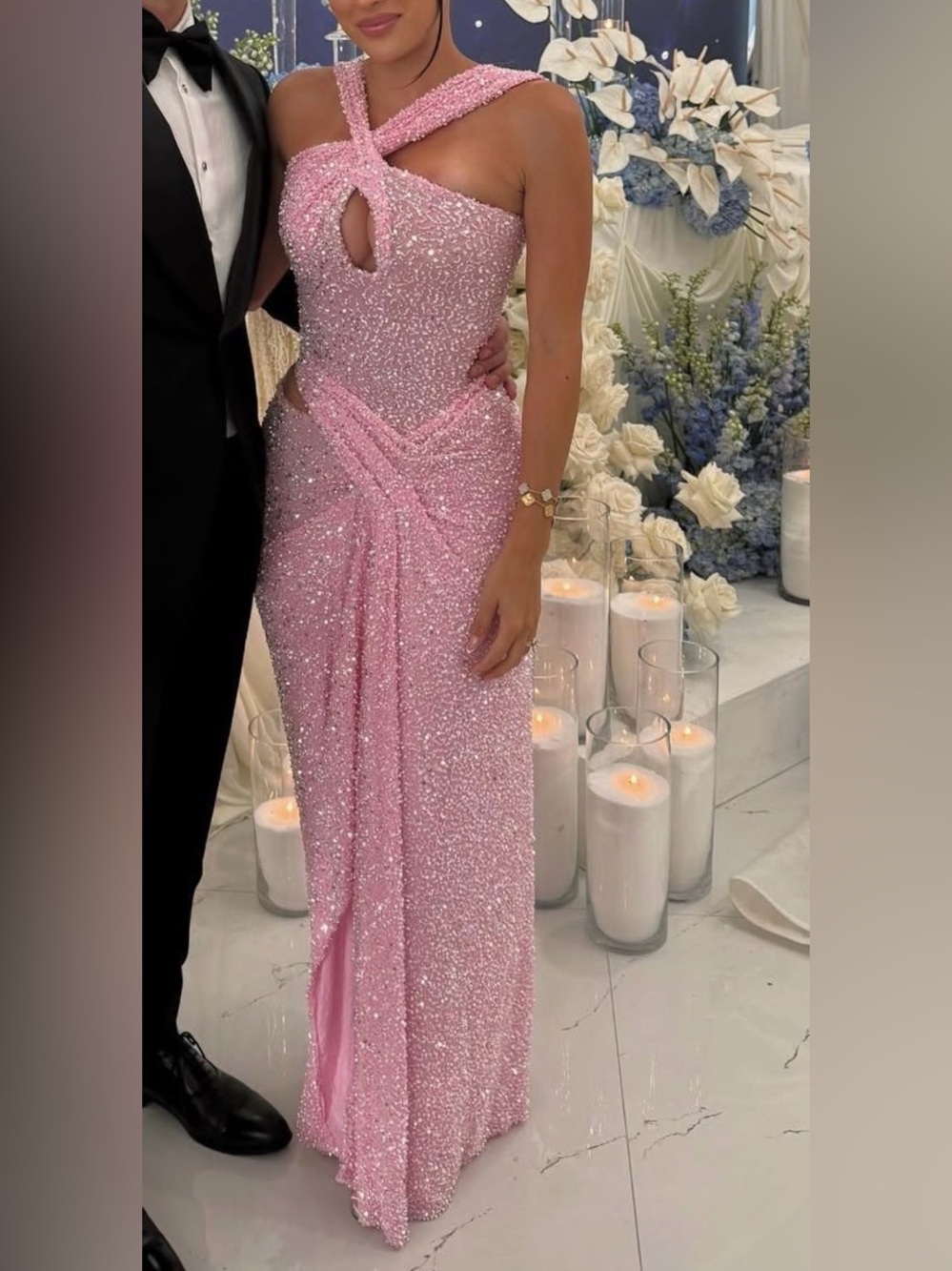 Sparkling Pink Lace-Up Prom Gown